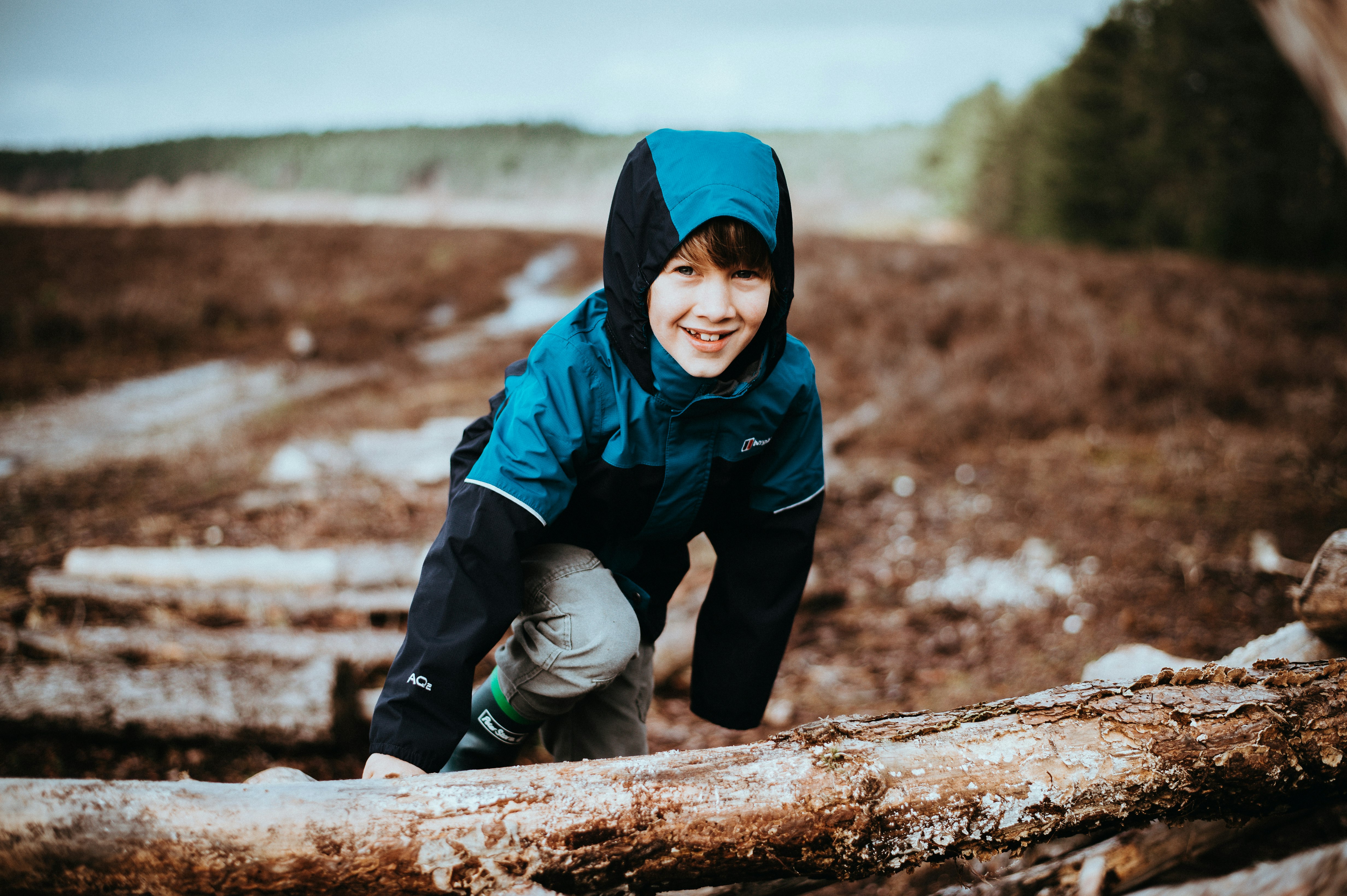 boy climbing on tree stump